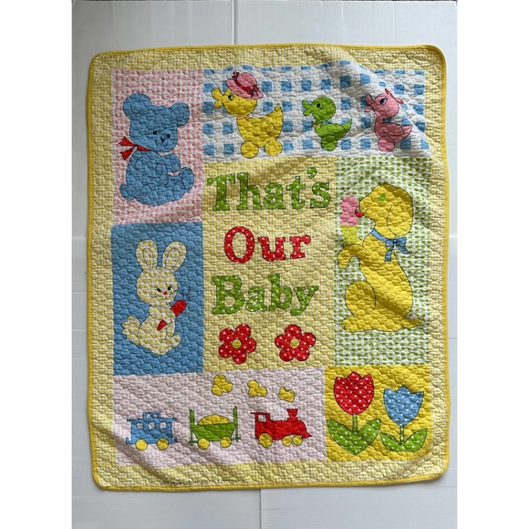 Thats Our Baby Princess Fabric Baby Blanket Quilt Yellow Bear Duck Train Flower - Picture 2 of 7